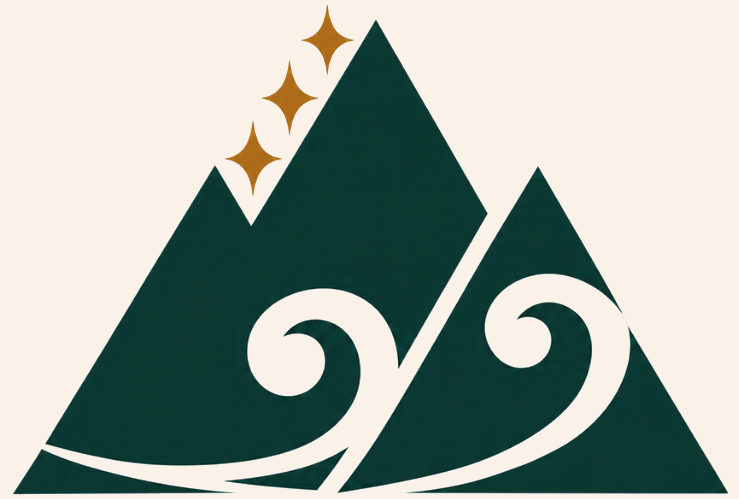 The Kupurā emblem — maunga with three stars on the slope and koru unfurling across the base, bringing together Papatūānuku, Tāwhirimātea and Tangaroa.